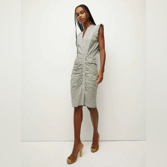 Veronica Beard Ruched Shirt Dress 2 NWT BRIGHT ARMY WHITE - Picture 1 of 7